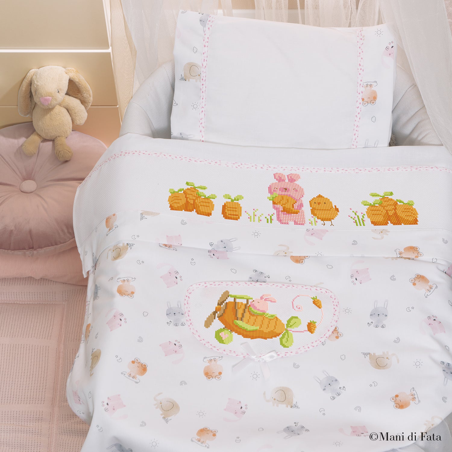 Kit copertina culla rosa Coniglio in aeroplano