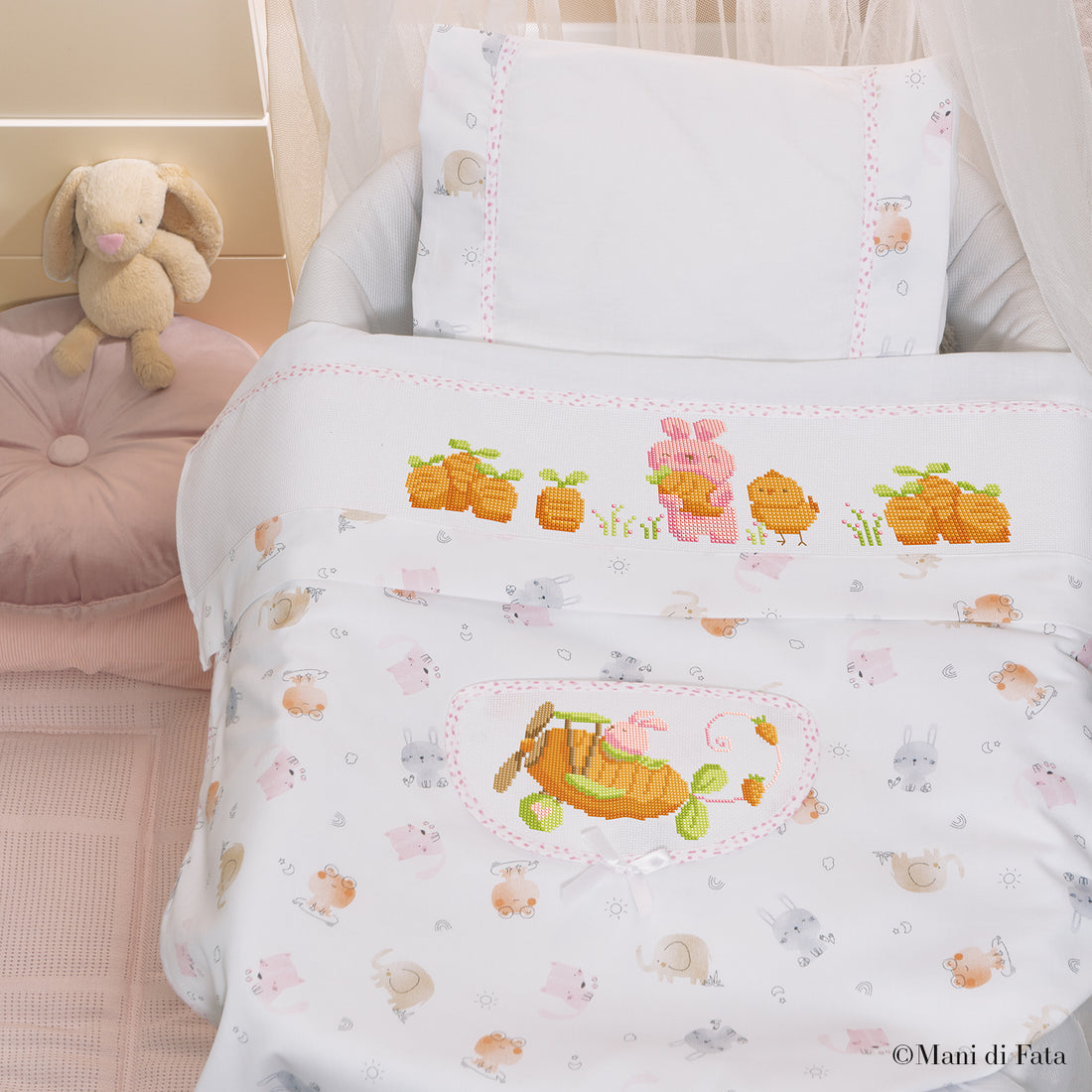 Kit copertina culla rosa Coniglio in aeroplano
