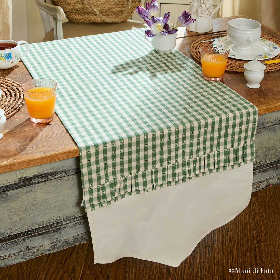 Runner vichy verde con bordo cotone avorio