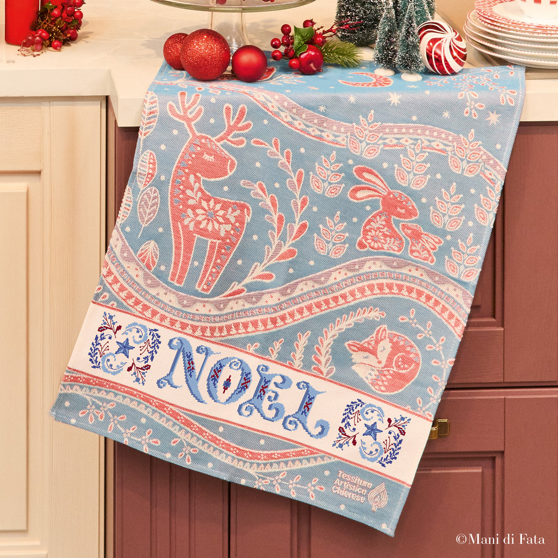 Kit asciugapiatti natalizio jaquard blu Noel ricamo punto croce