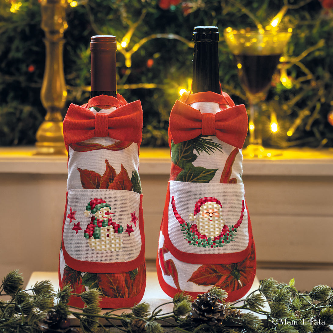Kit 2 salvagoccia Pupazzo di Neve e Babbo Natale ricamo punto croce