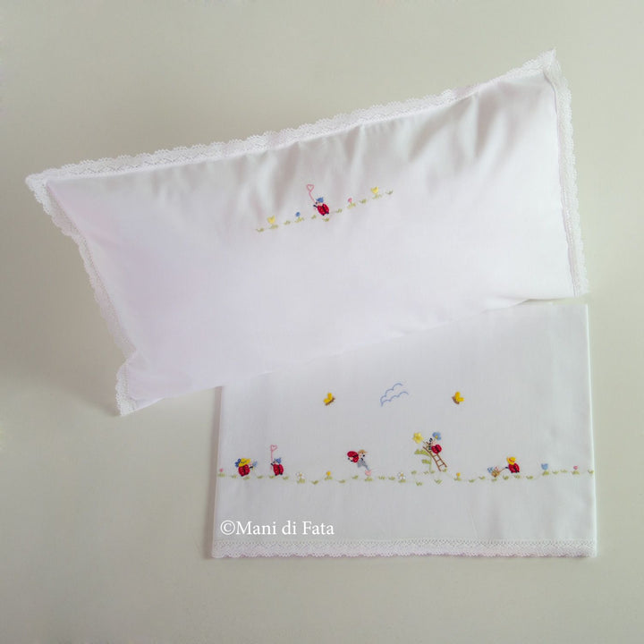 Lenzuolino lettino in cotone ricamo a mano coccinelle