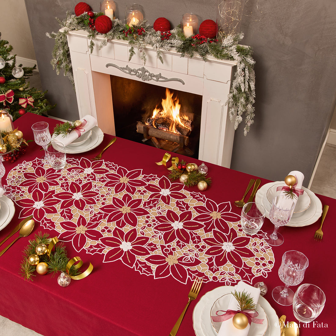 Kit tovaglia bordeaux Stelle di Natale e bacche a intaglio