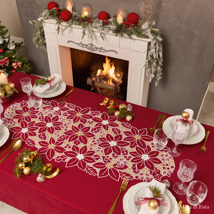 Kit tovaglia bordeaux Stelle di Natale e bacche a intaglio