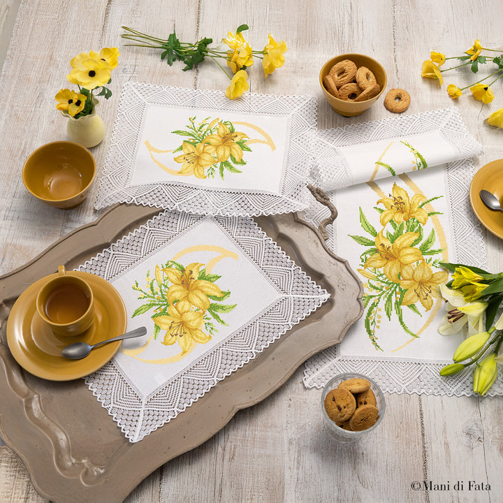 Kit 2 centri piccoli e 1 centro grande con pizzo Lilium ricamo punto croce