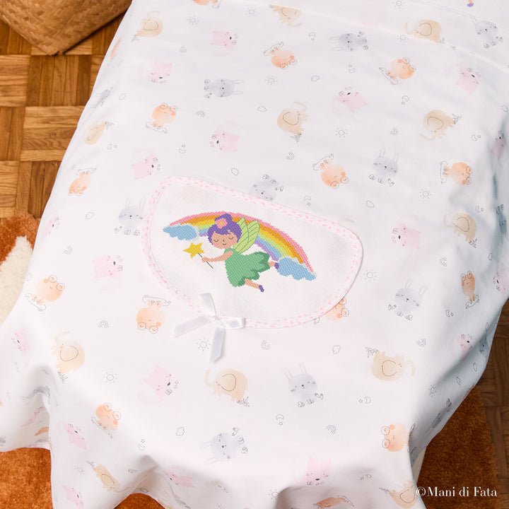Kit copertina culla animalini rosa Fatina ricamo punto croce