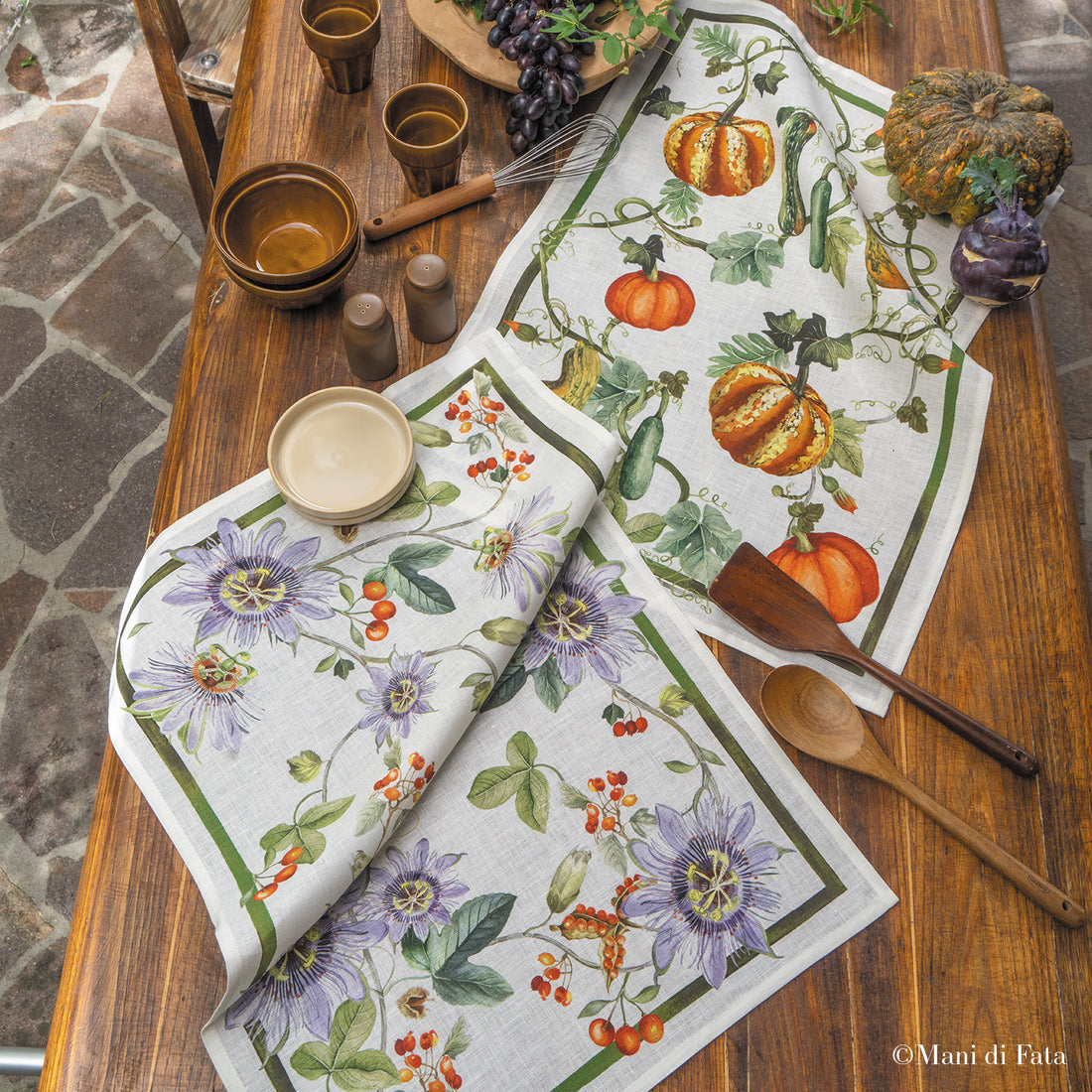 Strofinaccio in lino stampa zucca e fiori autunnali