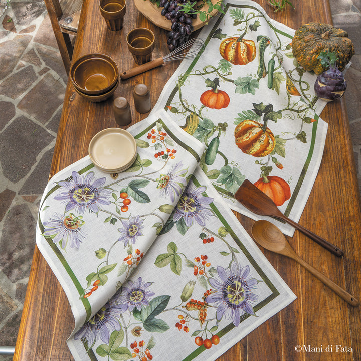 Strofinaccio in lino stampa zucca e fiori autunnali