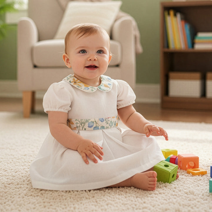 Abitino bimba in misto lino bianco stampa Liberty