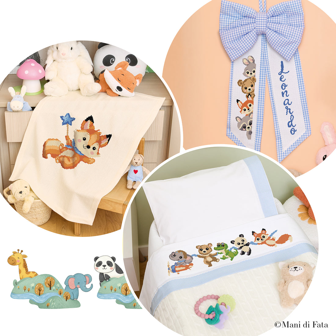 Kit lenzuolino, copertina e fiocco corredino vichy celeste ricamo punto croce