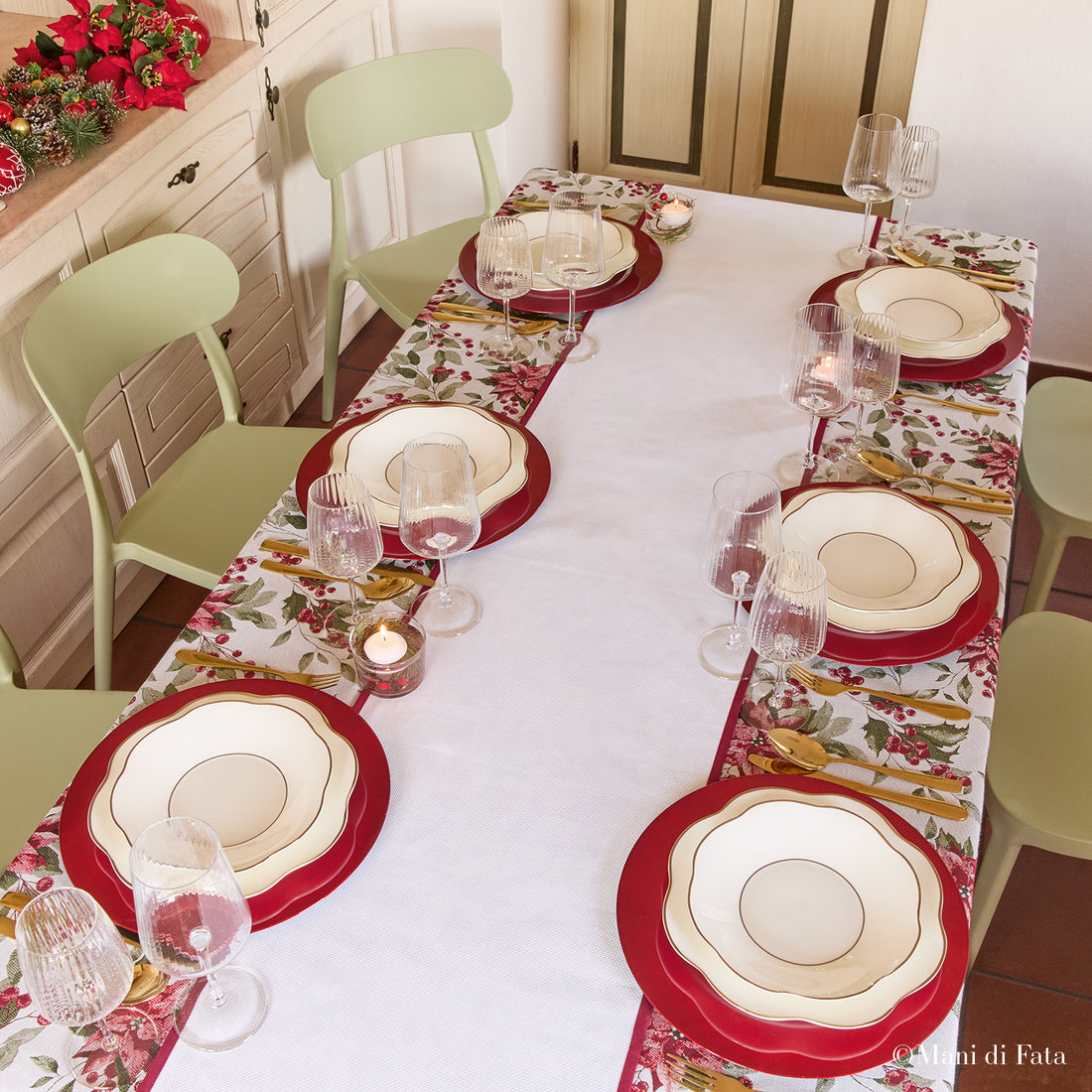 Runner lungo in tela Aida bianca con sbieco rosso