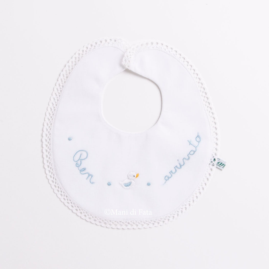 Bavaglino in cotone ricamato a mano cigno e "Ben arrivato"
