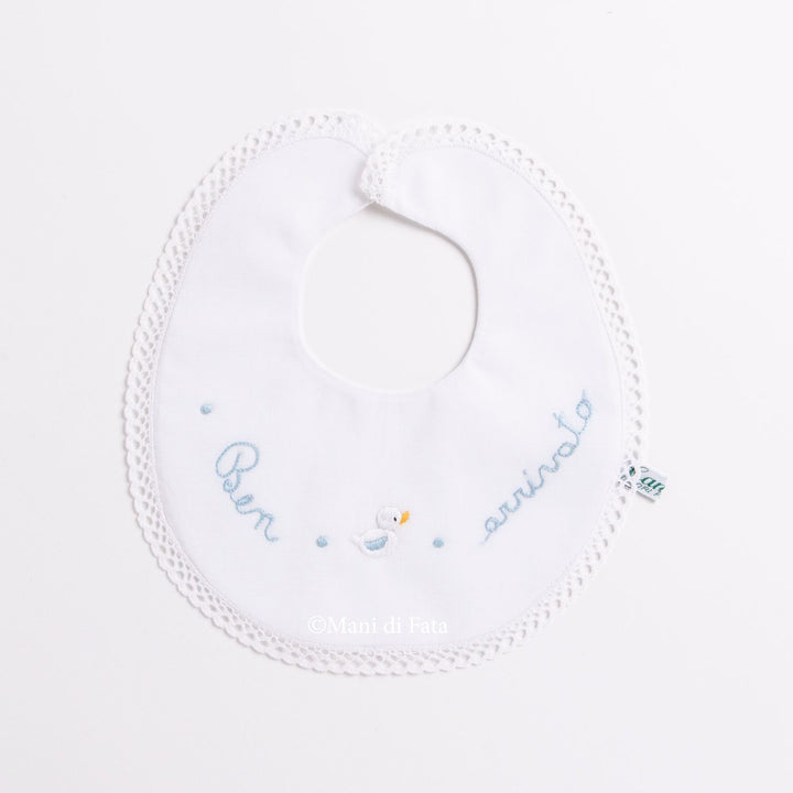Bavaglino in cotone ricamato a mano cigno e "Ben arrivato"