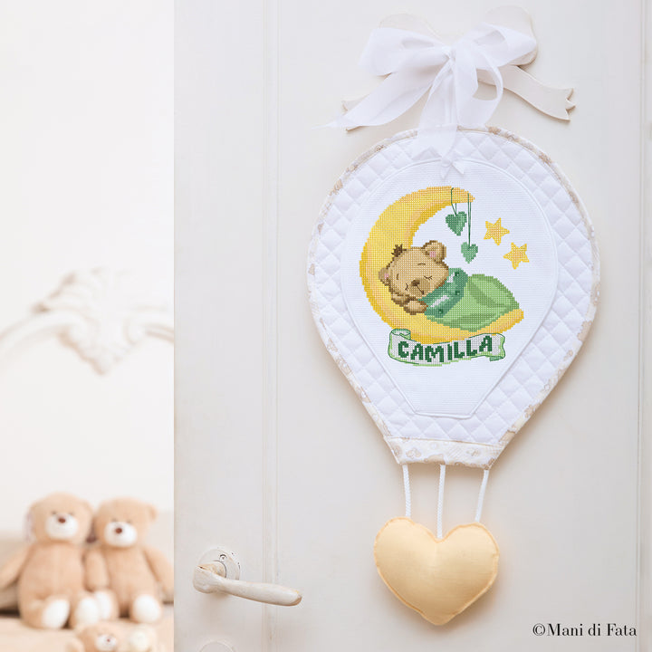 Kit fiocco nascita mongolfiera Orsetto ricamo punto croce