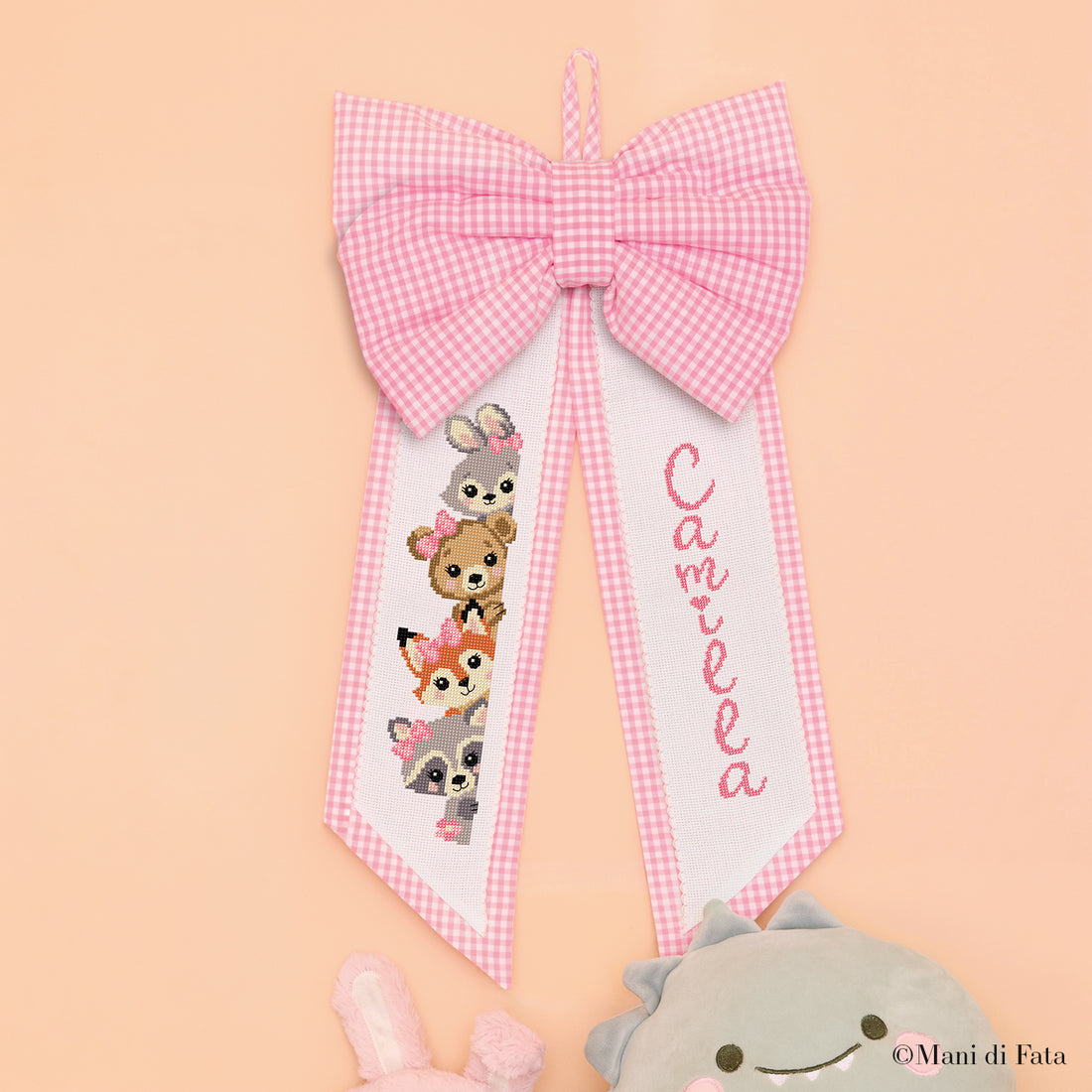 Kit fiocco vichy rosa Animaletti della foresta ricamo punto croce