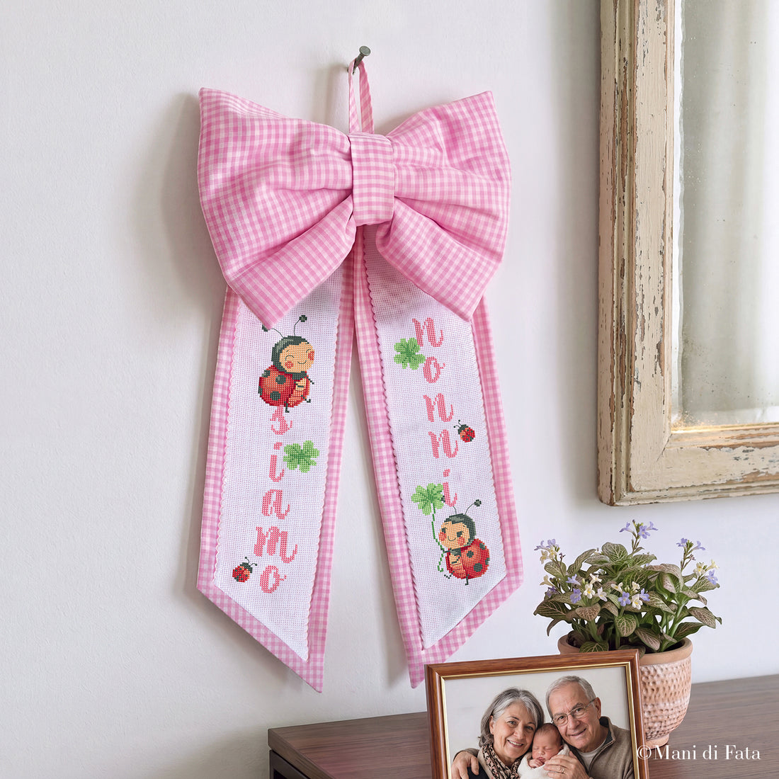 Kit fiocco cocche vichy rosa Coccinelle ricamo punto croce