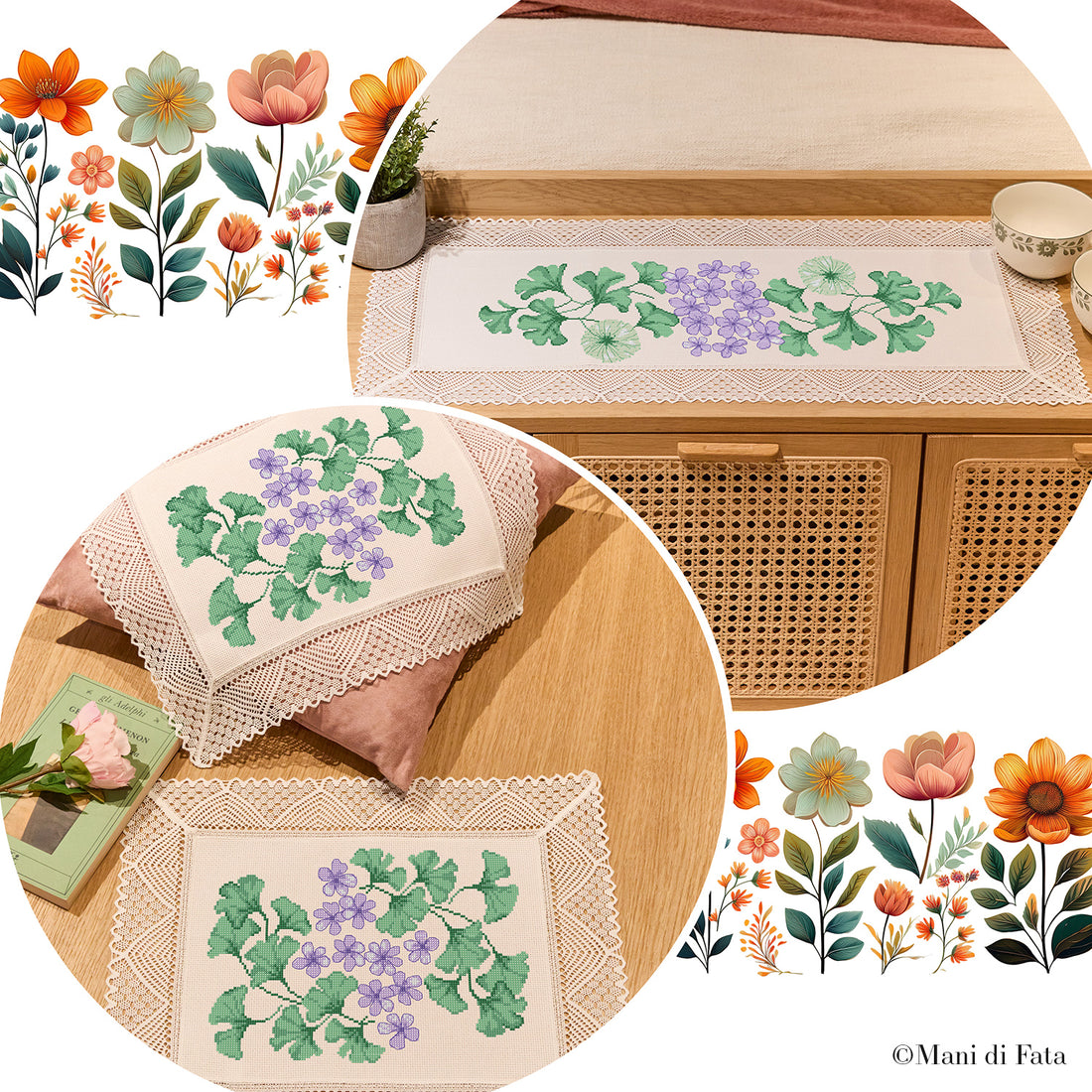 Kit tris centri rettangolari con pizzo Fiori lilla e ginkgo punto croce