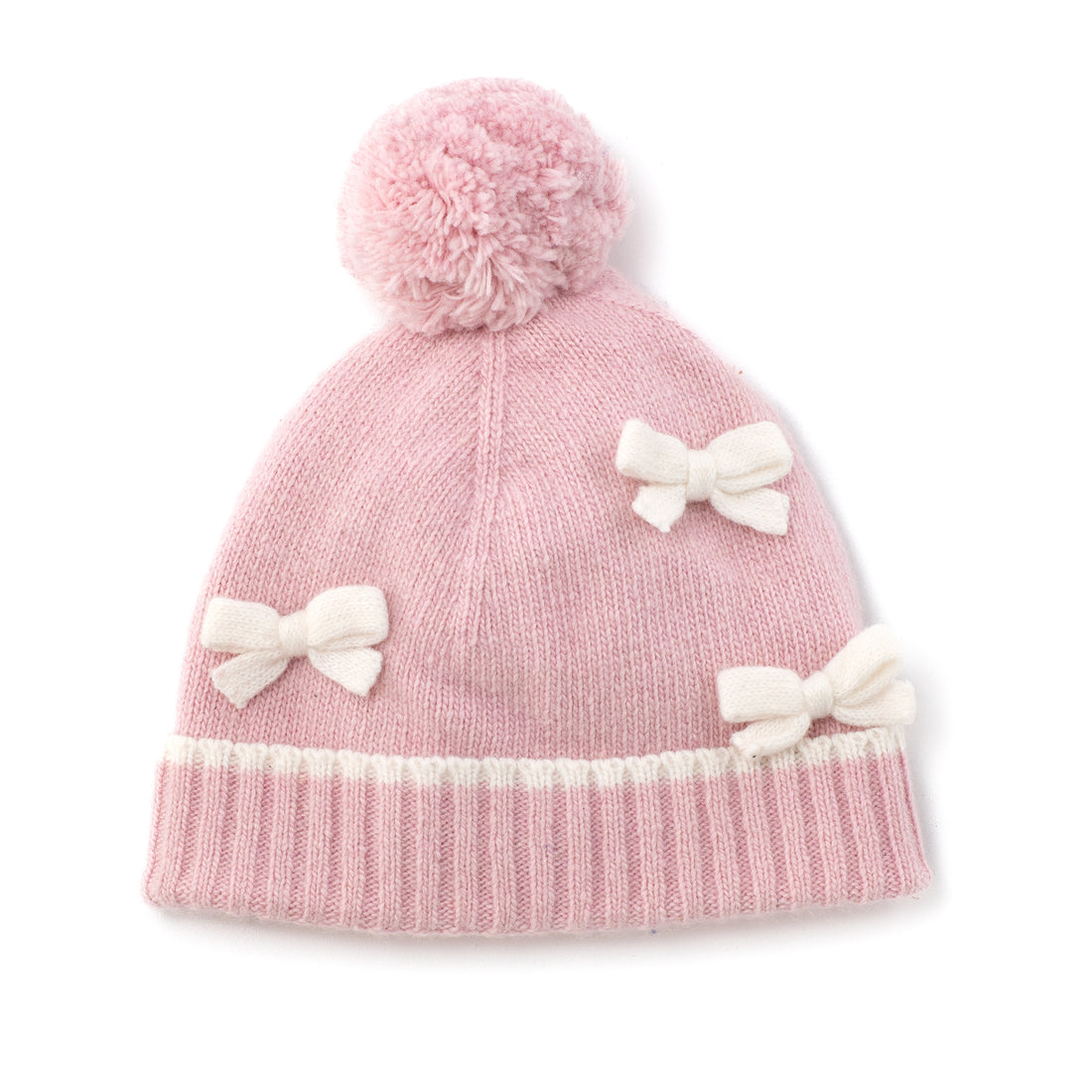 Cappellino in lana rosa fiocchetti e pompon