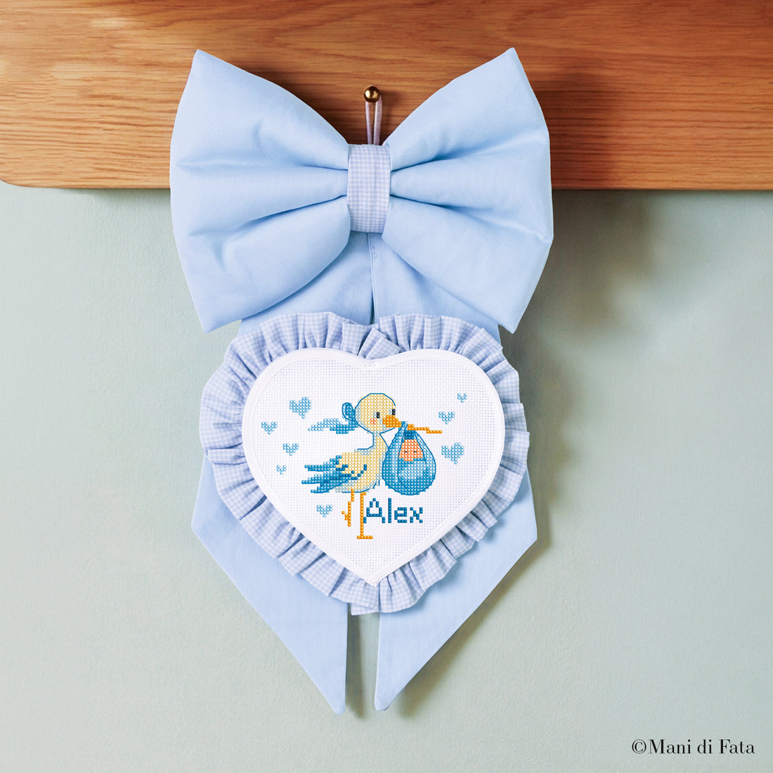 Kit fiocco cuore e rouche vichy azzurro Cicogna punto croce