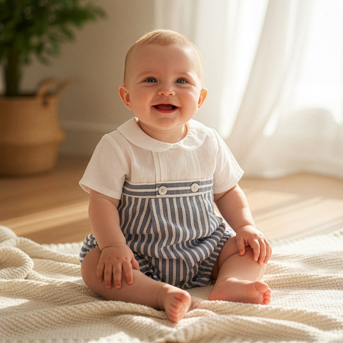 Pagliaccetto in misto lino con righina bianca e blu