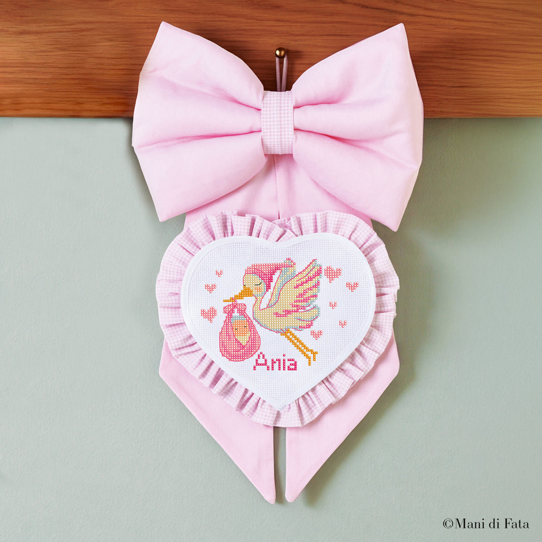 Kit fiocco con cuore rouche vichy rosa Cicogna ricamo punto croce