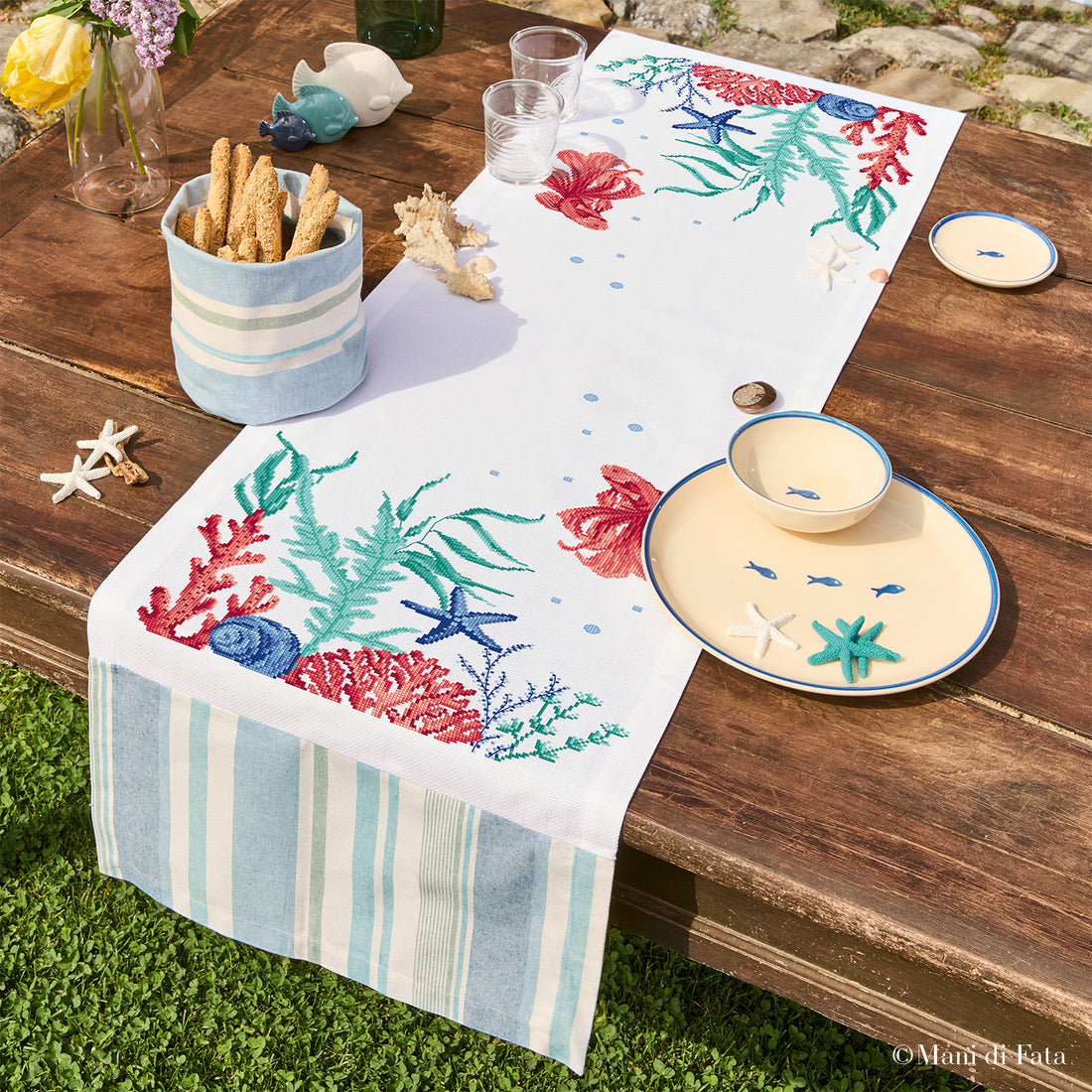 Kit runner+cestino porta pane a righe ricamo punto croce