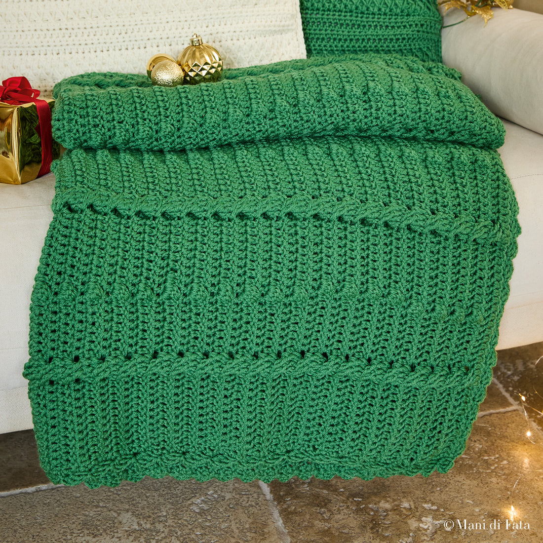 Kit coperta verde di lana Trecce e Noccioline a uncinetto