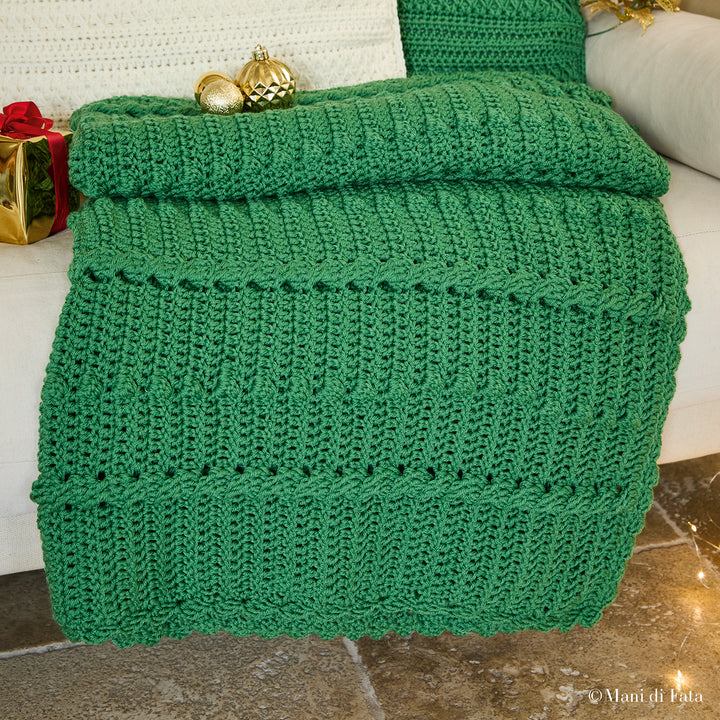 Kit coperta verde di lana Trecce e Noccioline a uncinetto
