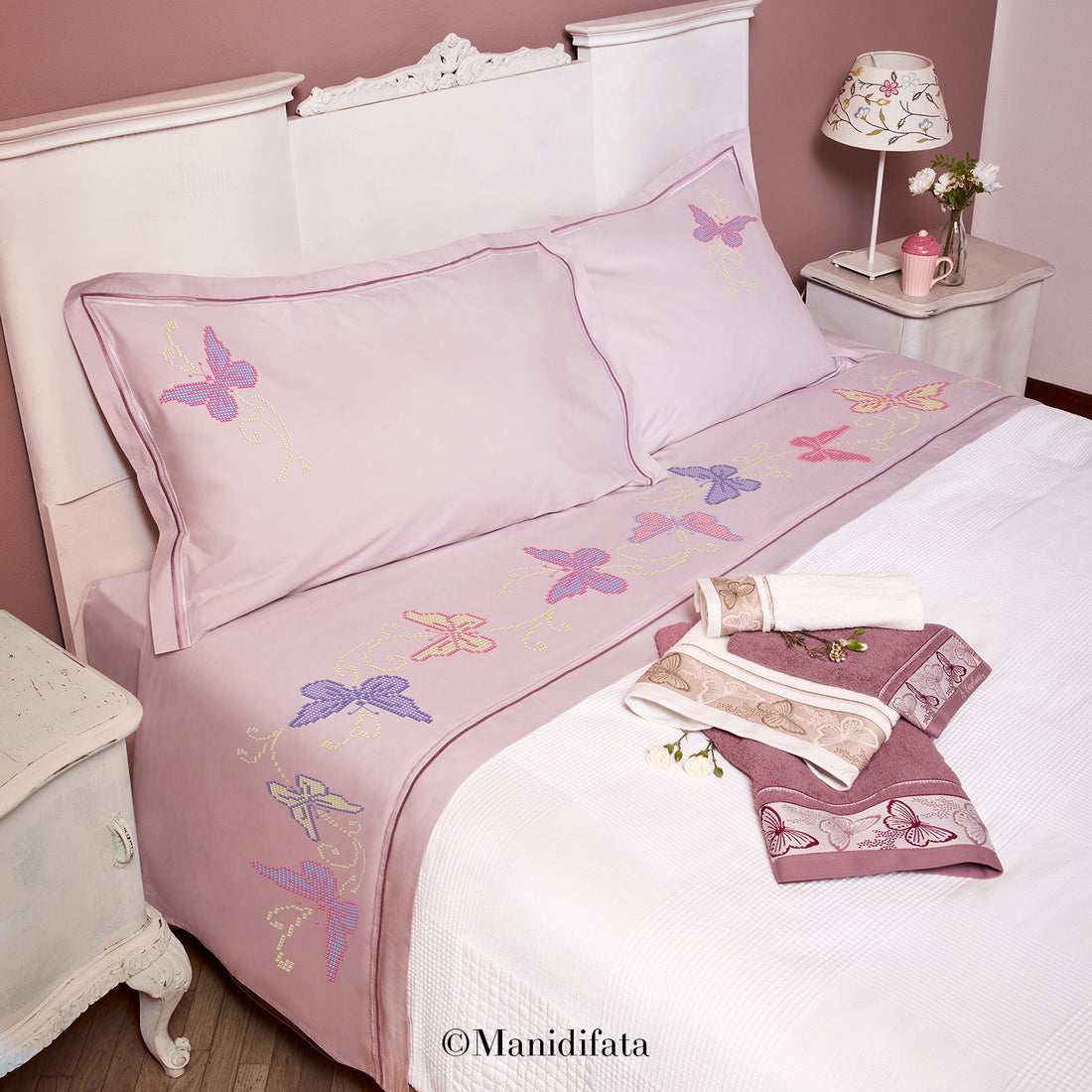 Disegno carta e schema per lenzuolo matrimoniale farfalle 007550