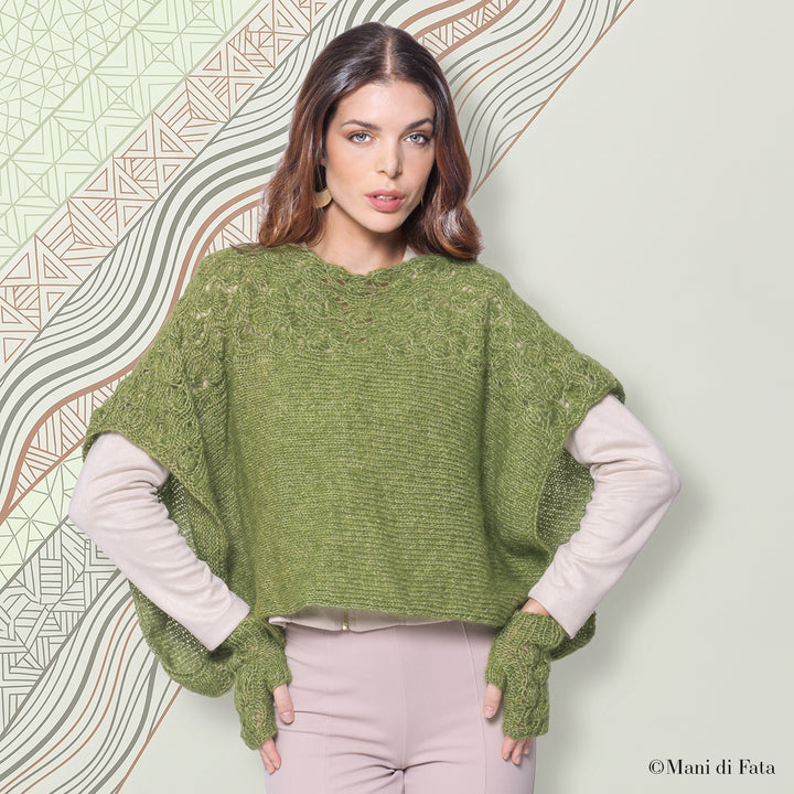 Kit poncho e guanti verdi Trafori Ondulati a maglia