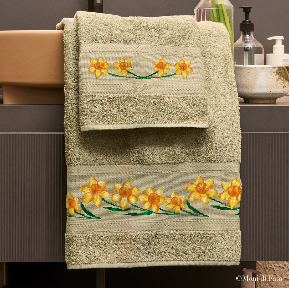 Kit parure spugna greca oliva Narcisi ricamo punto croce