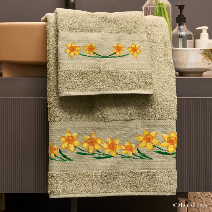 Kit parure spugna greca oliva Narcisi ricamo punto croce