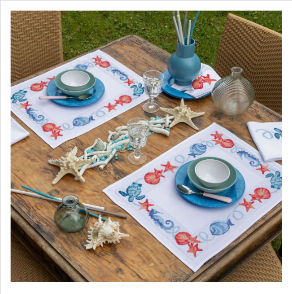 Set Di 4 Tovagliette Americane ABAKUHAUS – Motivo Mare Con Conchiglie E Stelle Marine – Lavabili, 30x45 Cm