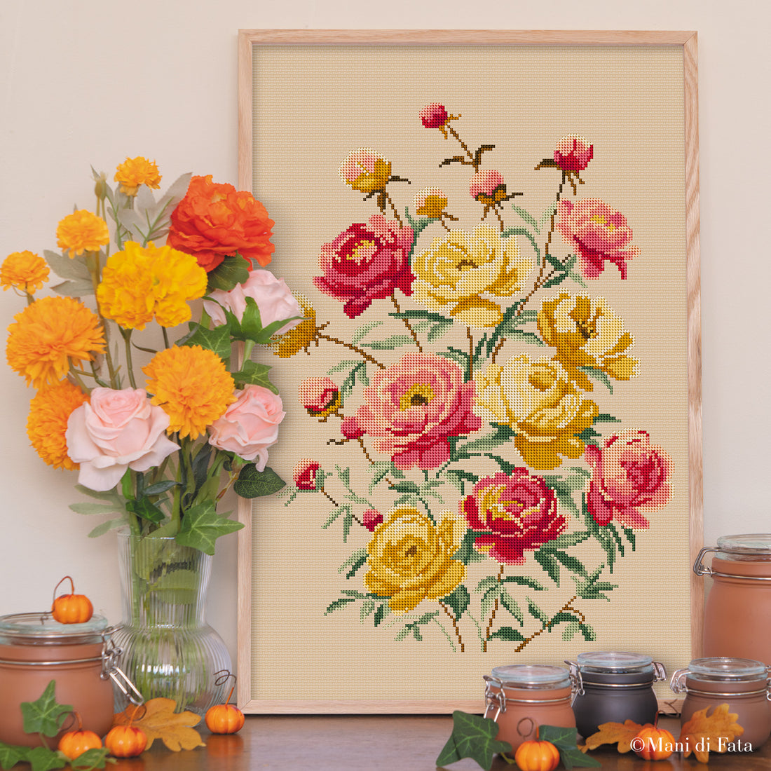 Kit per ricamare a mezzopunto il quadro con il delicato bouquet di fiori