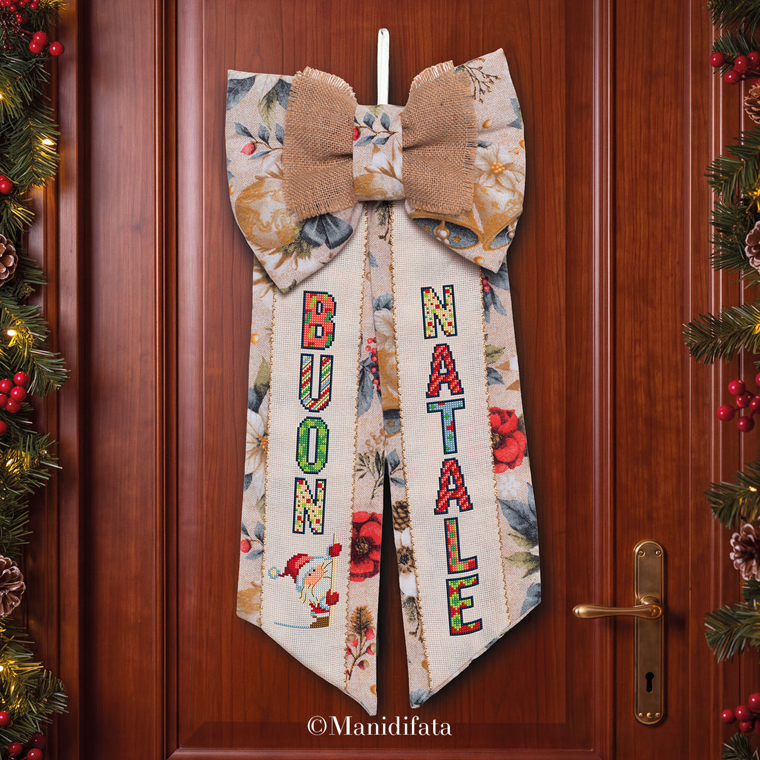 Kit fuoriporta fiocco juta Buon Natale ricamo punto croce