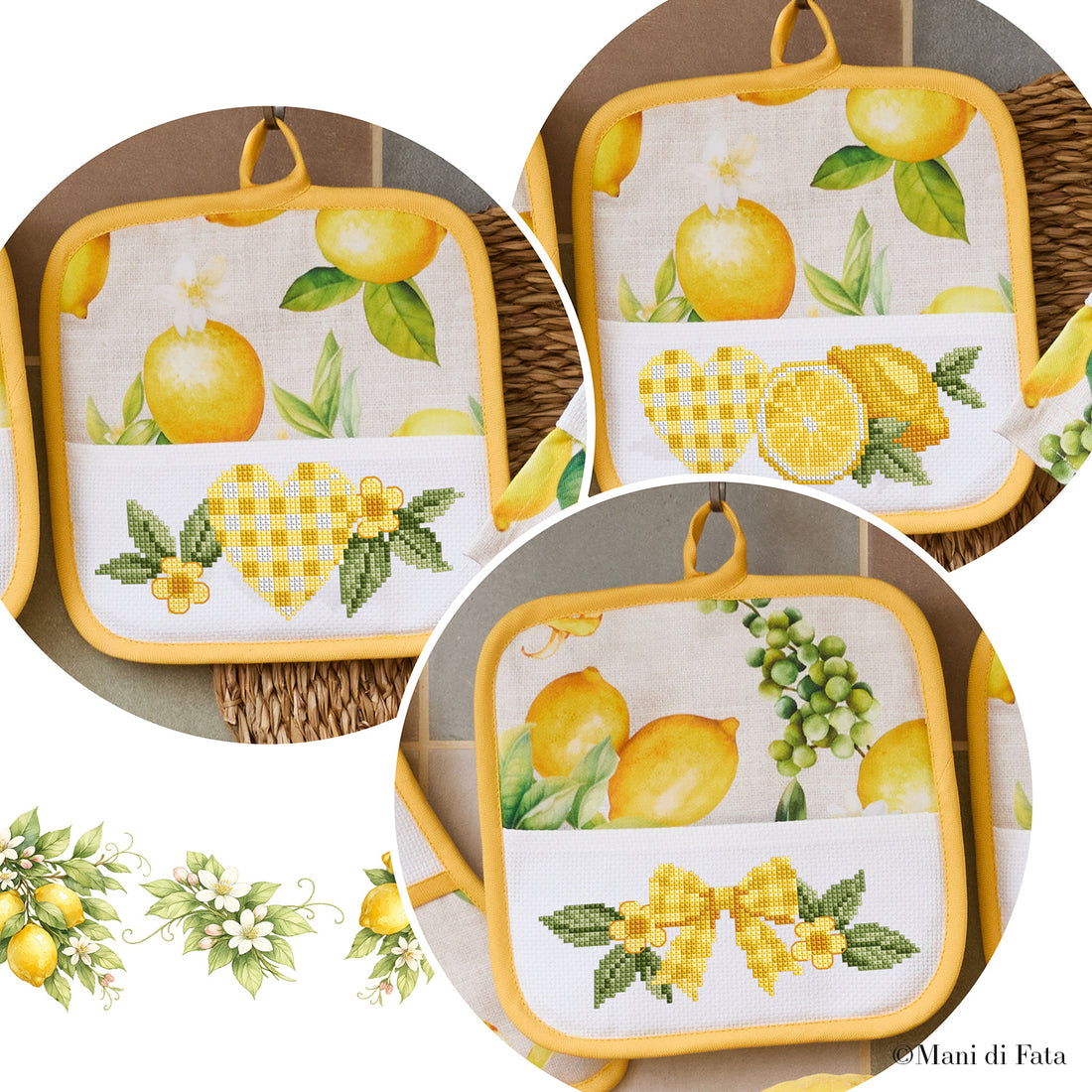Kit 3 presine in cotone Limoni e cuori a punto croce