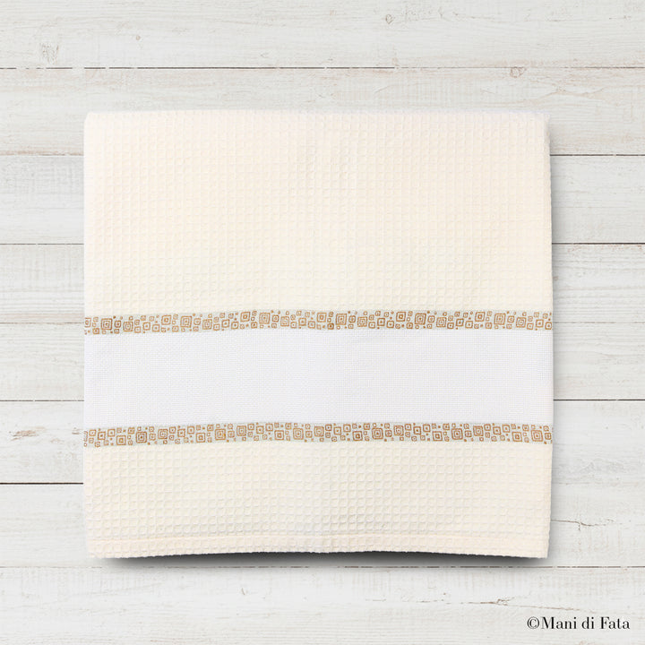 Telo doccia nido d'ape con greca ricamo punto croce