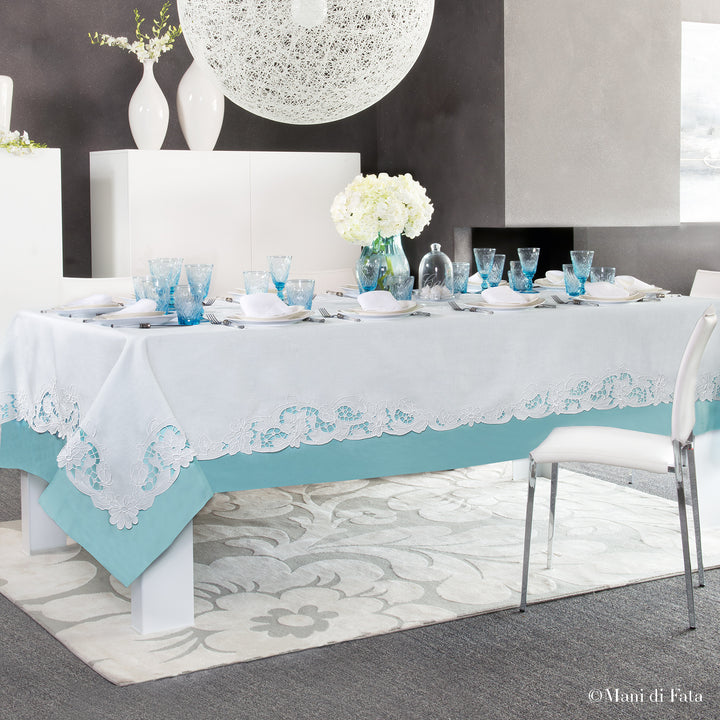 Kit tovaglia in lino bianco da 12 posti Cornice Floreale a intaglio