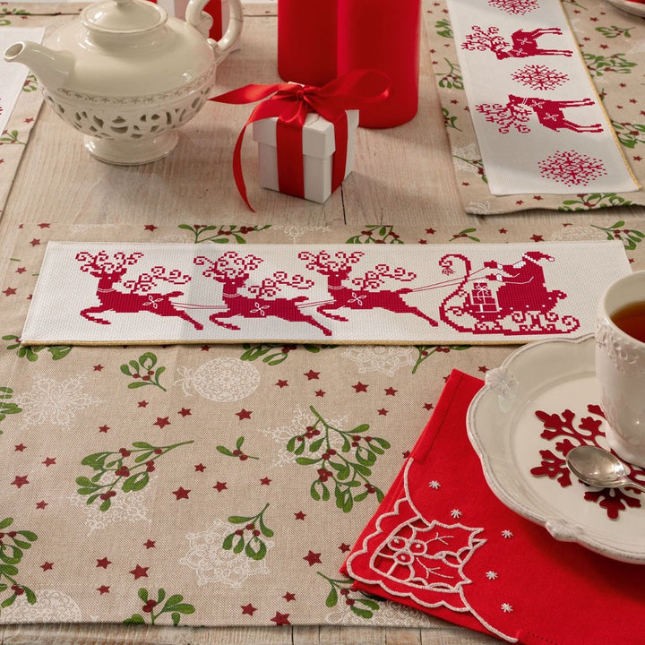 Kit set 2 tovagliette all'americana ricamo punto croce Renne, slitta e Babbo Natale