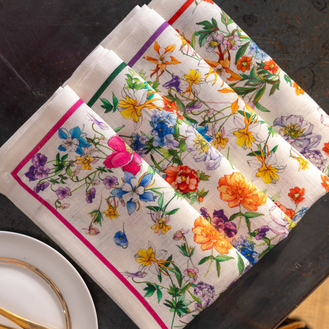 Set da 4 tovaglioli in lino stampato Peonie e Campanule