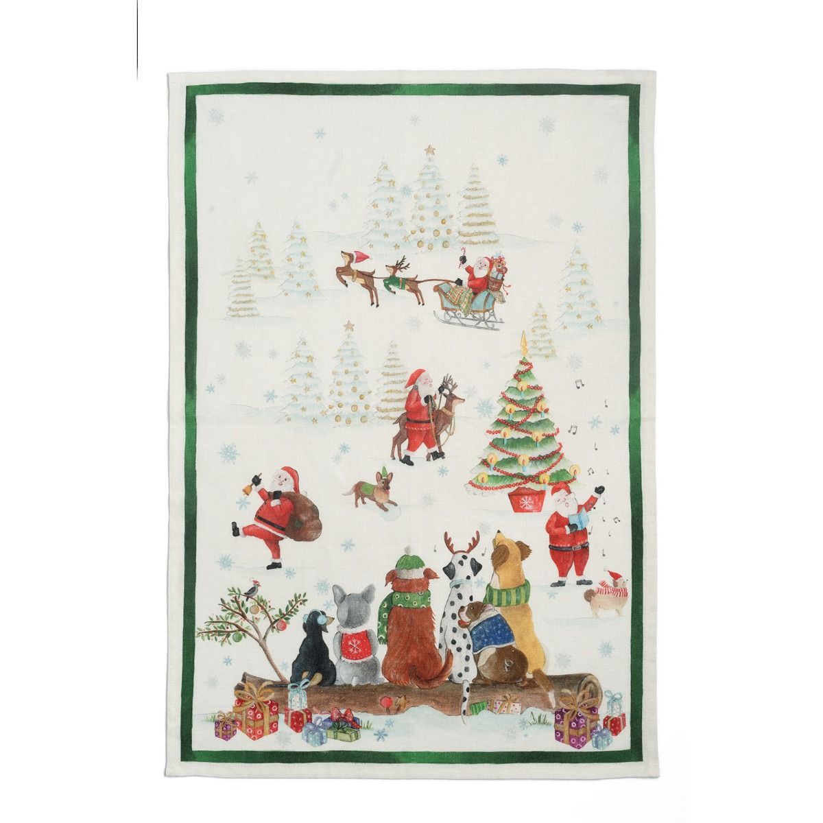 Strofinaccio natalizio in lino stampa cagnolini cornice verde