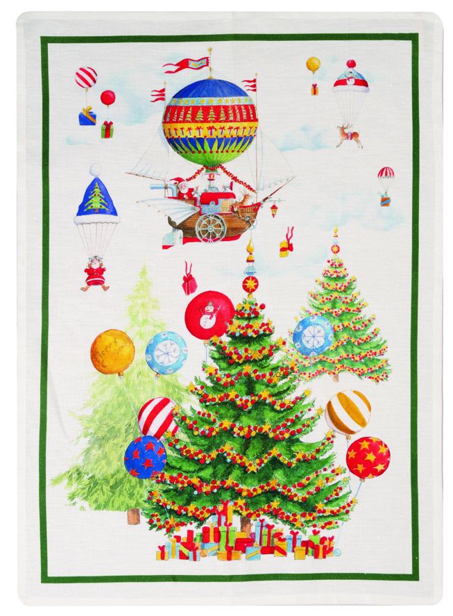 Strofinaccio natalizio in lino stampa mongolfiere cornice verde