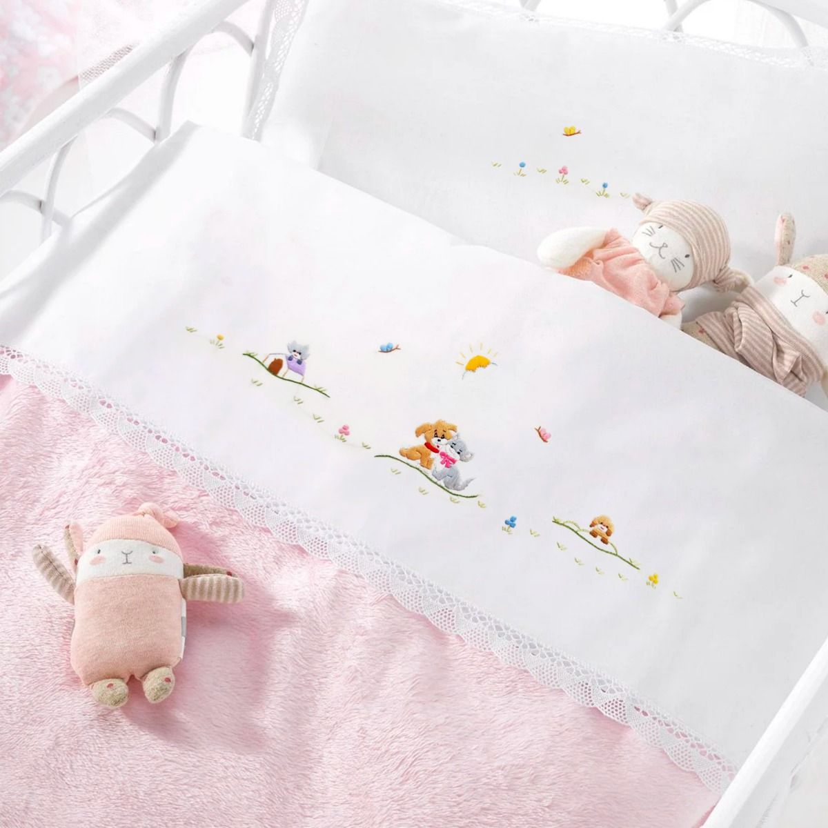 Lenzuolino lettino in cotone ricamo a mano 'Cagnolini'