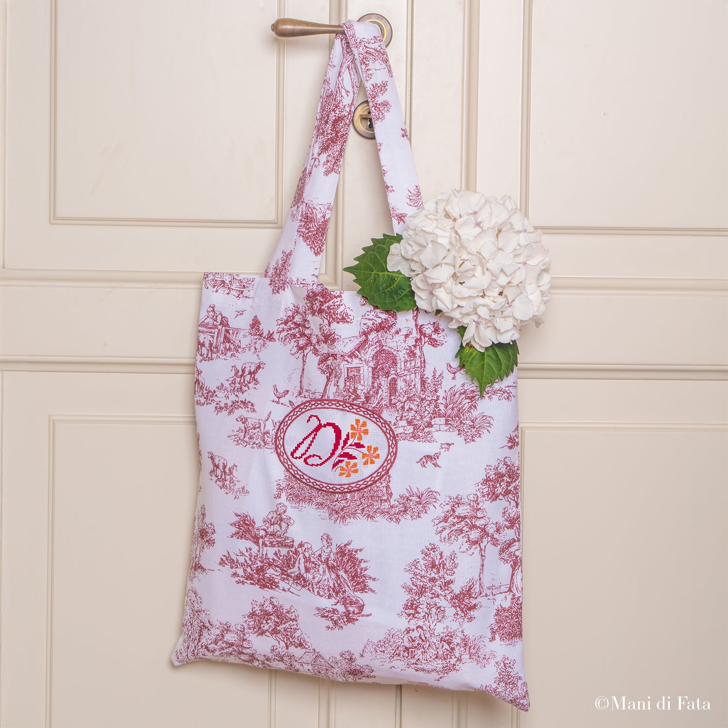 Kit borsa in toile de jouy rosso con inserto in tela aida
