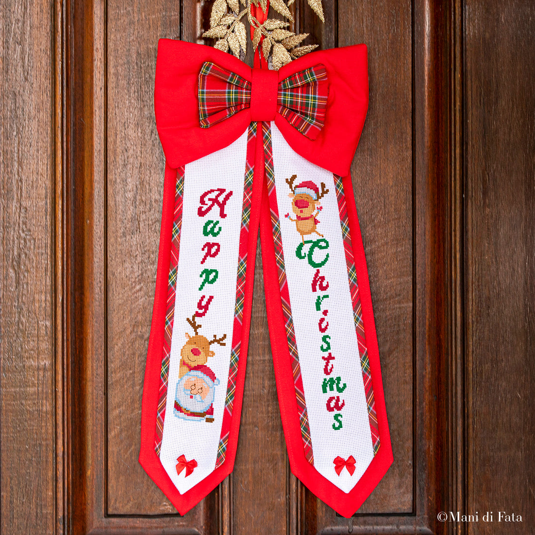 Kit fuoriporta fiocco ricamo a punto croce 'Happy Christmas'