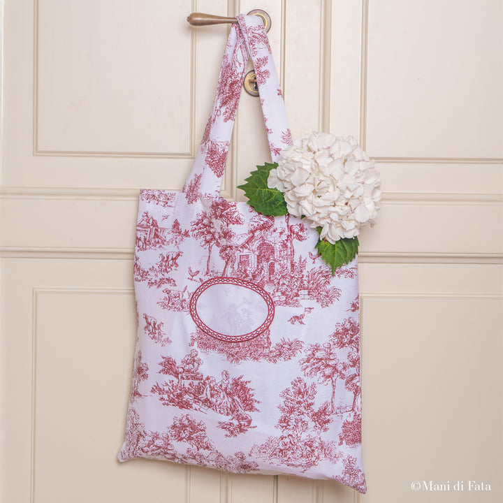 Borsa in toile de jouy rosso con inserto ovale in tela aida