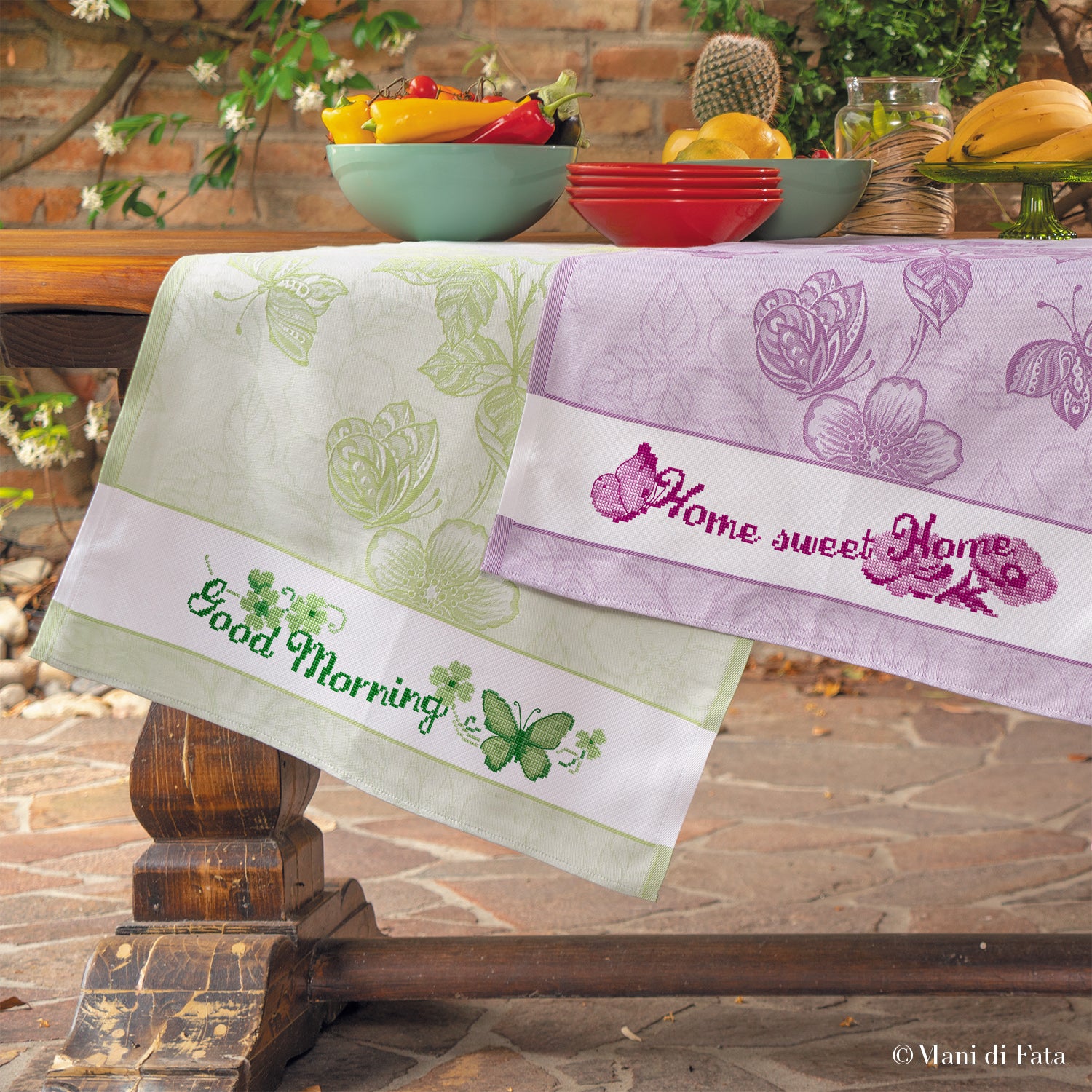 Kit asciugapiatti jacquard da ricamare a punto croce con "Home" lilla