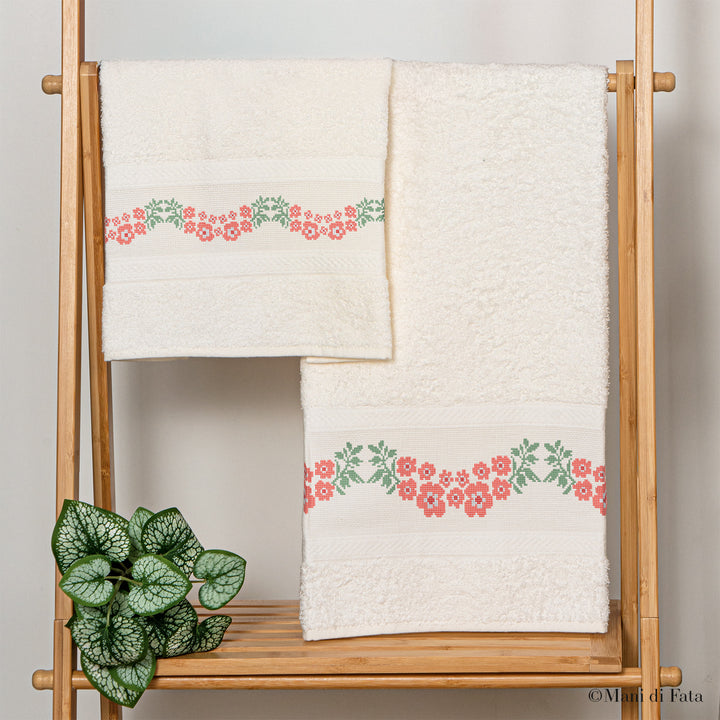 Kit parure asciugamani avorio Ramage di fiori ricamo a punto croce