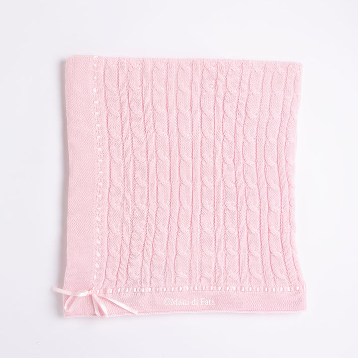 Copertina culla in lana rosa  motivo trecce