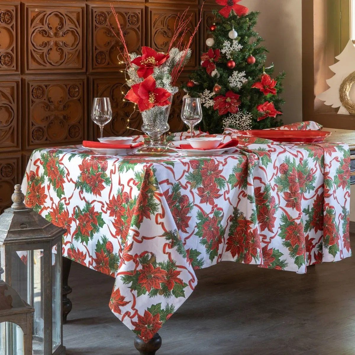 Tovaglia rettangolare da 6 in misto cotone stampa 'Stelle di Natale'